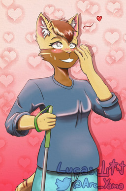 anthro blind blush cane disability embarrassed female heart_symbol simple_background arc_rose domestic_cat felid feline felis mammal digital_media_(artwork) hi_res