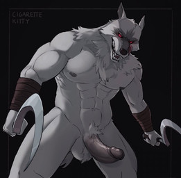 abs anthro balls erection fur genitals grey_body grey_fur holding_object holding_weapon humanoid_genitalia humanoid_penis licking licking_lips licking_own_lips looking_at_viewer male muscular muscular_anthro muscular_male nipples nude pecs penis red_eyes sickle simple_background smile solo teeth tongue tongue_out weapon cigarette_kitty dreamworks puss_in_boots_(franchise) death_(puss_in_boots) canid canine canis mammal wolf digital_media_(artwork)