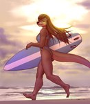 5_fingers 5_toes anthro backless_clothing backless_swimsuit barefoot beach black_nose breasts brown_hair butt claws clothed clothing feet female finger_claws fingers fur grey_body grey_fur hair long_hair one-piece_swimsuit outside sea seaside smile solo surfboard swimwear toe_claws toes water mykegreywolf nat_(mykegreywolf) mammal mustelid otter 2023 absurd_res digital_media_(artwork) hi_res