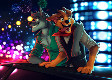 anthro arm_around_shoulders black_nose brown_body brown_eyes brown_fur building car clothed clothing collared_shirt detailed_background dress_shirt duo fireworks fur gloves_(marking) green_eyes grey_body grey_fur happy kerchief lights male markings multicolored_body multicolored_fur neckerchief neckwear shirt smile teeth topwear two_tone_body two_tone_fur vehicle vest whiskers yellow_body yellow_fur ango76 canid canine canis domestic_dog mammal 2016 digital_media_(artwork) signature