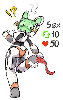 3_toes :3 anthro blush bodily_fluids cable_tail condom electrical_plug_tail embarrassed exclamation_point fake_whiskers feet female for_a_head gesture green_face green_inner_ear grey_body hand_gesture heart_symbol looking_back machine noseless on_one_leg post-it_note question_mark red_heart retweet_button screen screen_face segmented_body sexual_barrier_device simple_background solo standing steaming strip_game sweat text thick_thighs thumbs_up toes unused_condom white_background white_body wide_eyed wrapped_condom realhoddee pur_03 domestic_cat felid feline felis mammal object_head robot robot_anthro screen_head 2025 cel_shading english_text full-length_portrait hi_res portrait shaded
