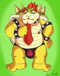 3_toes 4_fingers anthro armband arms_bent bent_legs bowser_logo bracelet bulge clothing collar eyebrows feet fingers green_background hair hand_on_hip hand_on_own_hip jewelry male monotone_background necktie nipples red_eyes red_hair shell simple_background solo spiked_armband spiked_bracelet spiked_collar spiked_shell spikes spikes_(anatomy) thick_eyebrows toes touching_hip touching_own_hip underwear yellow_body anonymous_artist mario_bros nintendo bowser koopa reptile scalie hi_res