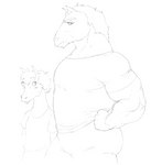 anthro anthro_on_anthro biceps bottomwear butt clothing duo larger_male male male/male muscular muscular_male pants pecs shirt simple_background size_difference smaller_male topwear white_background sirartwork girl_staring_at_man's_chest arabian_horse draft_horse equid equine horse mammal black_and_white monochrome