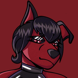 ambiguous_gender angry anthro black_hair hair looking_at_viewer makeup mascara red_background red_eyes short_hair simple_background solo succubustoy canid canine demon mammal 1:1 bust_portrait portrait tagme
