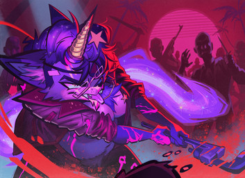 anthro assault_rifle battle belly blood blood_from_head bodily_fluids body_hair breasts bullet_wound chest_hair cleavage clothed clothing colored_blood crazy_eyes eye_patch eyebrows eyewear facial_tuft female fighting_pose glasses grin group gun hair happy_trail harsh_lighting horn jacket knife laceration machete melee_weapon open_clothing open_mouth open_shirt open_topwear palm_tree pink_blood plant pose prosthetic_horn purple_body purple_hair ranged_weapon red_sky rifle shirt sidecut sky smile solo_focus sparkles sparkling_hair swinging_weapon synthwave thick_eyebrows tools topwear tree tuft unusual_blood unusual_bodily_fluids violence weapon wrench angusburgers mythology background_character cameron_(squeakitties) equid equine felid human hybrid mammal mythological_creature mythological_equine unicorn absurd_res hi_res trans_(lore) trans_man_(lore)