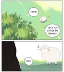 aman_(weibo) border bovid caprine comic dialogue english_text feral hard_translated mammal outside plant question_mark sheep solo speech_bubble text third-party_edit translated translation_edit tree walking white_body white_border