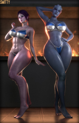 big_breasts bikini blue_body blue_skin breasts clothing collarbone duo eyebrows eyelashes feet female hair hand_on_hip navel not_furry purple_body purple_hair purple_skin soft_abs standing swimwear thick_thighs two-piece_swimsuit ventral_groove wide_hips smitty34 bioware electronic_arts mass_effect liara_t'soni tali'zorah alien alien_humanoid asari humanoid quarian 2026 3d_(artwork) absurd_res digital_media_(artwork) hi_res
