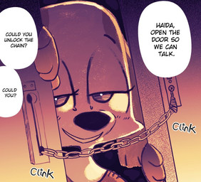anthro chain door female locked looking_at_viewer scary solo text canaryprimary aggretsuko sanrio inui_(aggretsuko) canid canine canis domestic_dog mammal 2021 english_text monochrome