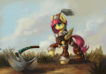 armor axe barbarian boots braided_hair clothed clothing cloud feathered_wings feathers female feral field footwear fur grass green_eyes hair headgear helmet leather leather_armor mane melee_weapon outside pink_body pink_fur pink_hair plant shoes sky solo standing weapon wings yellow_body yellow_feathers yellow_fur asimos friendship_is_magic hasbro my_little_pony mythology fluttershy_(mlp) equid equine mammal mythological_creature mythological_equine pegasus 2016 signature