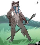 2016 absurd_res anthro arm_tuft bagelcollector blue_eyes braided_hair breasts casual_nudity chest_tuft claws elbow_tuft featureless_breasts featureless_crotch felid female fur hair hand_on_hip hi_res holding_object holding_weapon low-angle_view mammal markings melee_weapon naturally_censored navel nude outside pigtails polearm smile solo spear standing text toe_claws tribal tribal_markings tuft url weapon yellow_sclera