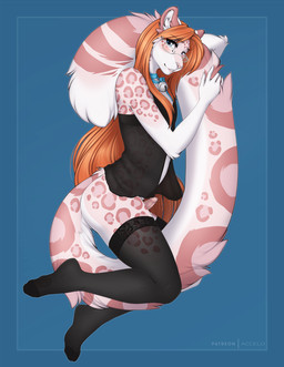 anthro bell blush bodily_fluids clothed clothing crossdressing dripping erection eyebrows eyelashes eyewear femboy fur genital_fluids genitals glasses hair heterochromia humanoid_genitalia humanoid_penis legwear leopard_spots long_hair long_tail looking_at_viewer male markings orange_hair penis pink_body pink_fur pink_nose precum precum_drip smile solo spots spotted_body spotted_fur tail thigh_highs translucent translucent_clothing accelo accelo_(character) felid leopard mammal pantherine snow_leopard hi_res