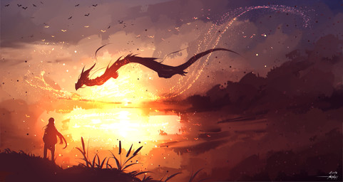 ambiguous_gender clothed clothing day detailed_background duo feral outside sky standing sun tail water ryky asian_mythology east_asian_mythology mythology dragon eastern_dragon human mammal mythological_creature mythological_scalie scalie 2017 digital_media_(artwork) hi_res