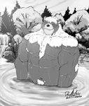 anthro bathing belly detailed_background eyes_closed male navel outside overweight overweight_anthro overweight_male solo water deadanthro lifewonders tokyo_afterschool_summoners kimun_kamui_(tas) bear mammal 2020 monochrome