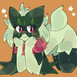 :3 all_fours ambiguous_gender anthro blush cheek_tuft facial_tuft flower_(anatomy) fluffy fur green_body green_fur mask red_eyes resting smug solo tail tuft uovo nintendo pokemon generation_9_pokemon meowscarada pokemon_(species) 1:1 hi_res