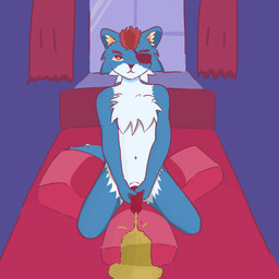 4_toes animal_genitalia anthro blue_body blue_fur bodily_fluids canine_genitalia eye_scar eyewear facial_scar feet fur genital_fluids genitals hair looking_at_viewer male peeing pillow red_hair scar sitting_on_pillow solo spread_legs spreading toes urine white_body white_fur window yellow_eyes cyberloli ampere_krs canid canine mammal 1:1 hi_res