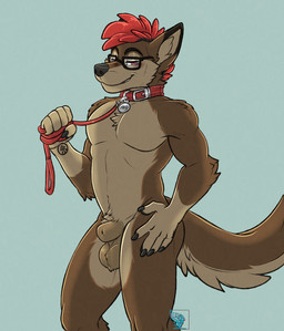 animal_genitalia animal_penis anthro balls blush canine_genitalia claws collar eyewear genitals glasses hair leash leash_pull leashed_collar looking_at_viewer male nude penis sheath simple_background smile solo tail tattoo teeth conditional_dnp electroporn canid canine canis domestic_dog mammal wolf digital_media_(artwork) hi_res