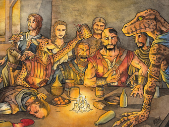 4_fingers 5_fingers alcohol anthro beverage black_body black_fur black_hair bottle bread brown_hair candle claws clothed clothing container detailed_background ear_piercing ear_ring eye_contact facial_hair female finger_claws fingers food fully_clothed fur furniture group hair hand_on_chest holding_object inside jewelry laugh looking_at_another male markings melee_weapon open_mouth piercing ring_piercing scabbard scar smile spots spotted_body spotted_fur substance_intoxication sword table tankard teeth tongue topwear unconscious weapon wine 0laffson enorach_(0laffson) lars_(0laffson) varin_(0laffson) cheetah felid feline human lizard mammal reptile scalie 2016 4:3 hi_res traditional_media_(artwork)