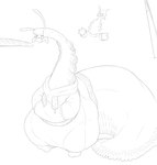 anthro big_tail bowl_cut clothing hoodie huge_tail huge_thighs hyper hyper_tail hyper_thighs male overweight solo tail thick_thighs topwear itssleepybun herbert_(slugrancher) gastropod mollusk slug absurd_res hi_res monochrome sketch