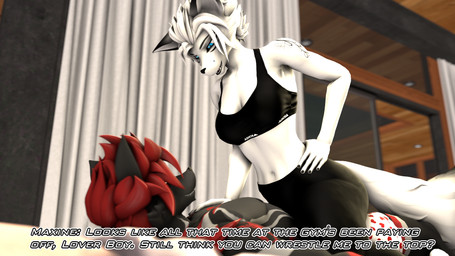 5_fingers anthro arm_tattoo black_body black_bottomwear black_clothing black_fur black_pants black_sweatpants blue_eyes bottomwear boxers_(clothing) boxers_only bra clothed clothing detailed_background dialogue duo female female_on_top fingers fluffy fluffy_tail fur grey_body grey_fur hair hand_on_hip hand_on_own_hip heart_print heart_print_underwear imminent_sex inside long_tail male male/female male_on_bottom midriff multicolored_body multicolored_fur navel on_bottom on_top open_mouth open_smile pants red_body red_fur red_hair short_hair smile snout sports_bra stripes sweatpants tail tattoo text topless topless_anthro topless_male underwear underwear_only white_body white_fur white_hair white_stripes atoastedorange warfaremachine_(modeler) maxine_(domibun) perry_(n0blez) canid canine fox mammal 16:9 2025 3d_(artwork) digital_media_(artwork) english_text hi_res source_filmmaker_(artwork) widescreen