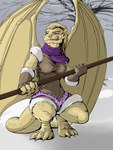 anthro breasts brown_clothing claws clothing crouching female hair holding_object holding_weapon licking licking_lips plant purple_scarf scales scarf snow solo tail tan_body tan_scales teeth tongue tongue_out tree weapon wings pandottermon mythology dragon mythological_creature mythological_scalie scalie hi_res