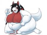 anthro belly big_belly big_breasts biped black_eyes black_hair breasts clothing deep_navel eating female food fur grin hair hand_on_belly huge_breasts kneeling looking_at_viewer navel obese obese_anthro obese_female open_mouth overweight overweight_anthro overweight_female plantigrade simple_background sitting smile solo thick_thighs white_background white_body white_fur wide_hips yosioka_san kakizaki canid canine fox mammal 4:3 absurd_res digital_media_(artwork) hi_res