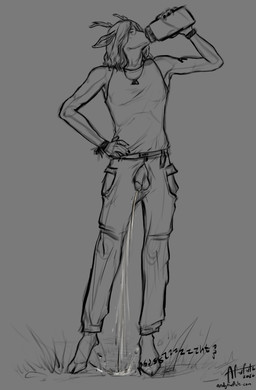 anthro antlers balls bodily_fluids bottle bottomwear cargo_pants casual_urination circumcised clothed clothing colored_nails container drinking_water eyes_closed eyewear genital_fluids genitals glasses grass gynomorph hand_on_hip hooves horn humanoid_genitalia humanoid_penis intersex nails onomatopoeia open_bottomwear open_clothing open_pants outside pants peeing peeing_on_ground penis plant shirt solo sound_effects tank_top text topwear urine urine_on_ground urine_stream water_bottle watersports andyfurfulz ria_(andyfurfulz) deer mammal new_world_deer white-tailed_deer absurd_res english_text guide_lines hi_res monochrome signature sketch url trans_(lore) trans_woman_(lore)