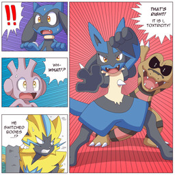 ambiguous_gender anthro blue_body blue_eyes blue_fur claws dialogue fur text yellow_body yellow_fur ragster_(artist) nintendo pokemon canid canine felid generation_2_pokemon generation_4_pokemon generation_5_pokemon generation_7_pokemon krokorok legendary_pokemon lucario mammal pokemon_(species) riolu tyrogue zeraora 1:1 comic digital_media_(artwork) english_text hi_res