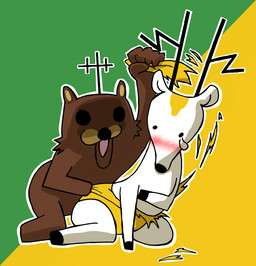 anthro assisted_exposure blush bodily_fluids brown_body brown_fur clothing covering covering_self duo embarrassed female fur horn male male/female ripping_clothing tears torn_clothing white_body white_fur buki_(artist) analoguma chidejika pedobear bear deer mammal meme