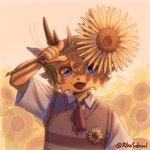 1:1 5_fingers anthro blue_eyes clothed clothing domestic_cat felid feline felis fingers flower fur hair horn male mammal open_mouth open_smile plant riko_sakari rikosakari smile solo sunflower whiskers