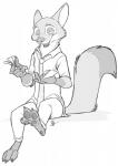 2018 3_toes 4_fingers absurd_res anthro canid canine claws clothed clothing digital_drawing_(artwork) digital_media_(artwork) dipstick_ears dipstick_tail disney feet fingers fox fur gloves_(marking) greyscale half-closed_eyes hi_res holding_money holding_object male mammal markings money monochrome multicolored_ears multicolored_tail narrowed_eyes necktie nick_wilde open_mouth open_smile red_fox secoh2000 signature simple_background sitting smile solo tail tail_markings toe_claws toes true_fox white_background zootopia