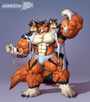 3_heads abs anthro big_biceps big_muscles big_pecs biped bulge flexing fur huge_muscles hyper hyper_muscles male multi_head muscular muscular_calves muscular_male orange_body orange_fur pecs plantigrade quads agonwolfe european_mythology greek_mythology mythology canid canid_demon canine cerberus demon hellhound mammal mythological_canine mythological_creature 2024 hi_res