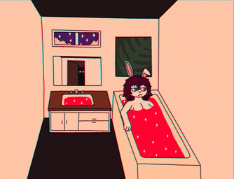 anthro anthro_focus bathing bathroom bathtub breasts duo female female_anthro female_focus hair inside mirror mirror_reflection purple_hair red_eyes red_water reflection sink solo_focus crischar_foxito alexa_(crischar_foxito) lagomorph leporid mammal monster rabbit 2023 chromatic_aberration hi_res