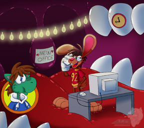 3_toes 4_fingers anthro big_tongue big_uvula cartoon_gloves clock clothing computer computer_mouse desk duo electronics eyewear feet fingers furniture glasses heart_symbol hoodie in_mouth light_bulb long_tongue male male/male phone red_tongue shirt table tail thick_tongue toes tongue toony topwear uvula vore wearing_glasses whiskers wide_tongue crocdragon89 mythology joshua_edgars_(crocdragon89) roderick_(tamerkoh) toon_joshua_edgars_(crocdragon89) dragon lagomorph leporid mammal mythological_creature mythological_scalie rabbit scalie absurd_res hi_res