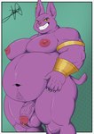 5_fingers anthro armband balls belly belly_hair belly_overhang big_belly big_nipples body_hair champa chiki123 cuff_(restraint) domestic_cat dragon_ball dragon_ball_super ear_piercing erection felid feline felis fingers genital_piercing genitals grin hairless hairless_cat half-closed_eyes hand_on_hip hi_res huge_moobs looking_at_viewer male mammal moobs narrowed_eyes navel nipple_piercing nipples nude penis penis_piercing piercing prince_albert_piercing purple_body purple_skin restraints signature smile solo standing teeth thick_thighs vein veiny_penis wrist_cuffs yellow_sclera
