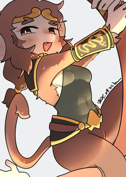 abs accessory anthro armor athletic athletic_anthro athletic_female blush bottomless bottomless_anthro bottomless_female bracers breasts brown_body brown_eyebrows brown_eyes brown_fur brown_hair clothed clothed_anthro clothed_female clothing countershade_torso countershading crossgender eyebrows female female_anthro fur green_clothing green_leotard hair headband holding_object holding_staff leotard looking_at_viewer low-angle_view medium_breasts medium_hair mtf_crossgender navel_outline open_mouth open_smile ponytail pupils short_snout side_boob simple_background slim_anthro slim_female smile solo staff tail tan_body tan_countershading tight_clothing waist_belt white_background white_pupils luunah48 dota valve valve_corporation sun_wukong_the_monkey_king haplorhine mammal monkey primate 2025 absurd_res dated digital_media_(artwork) hi_res portrait signature three-quarter_portrait