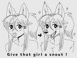 alternate_form anthro before_and_after blush blush_lines chest_tuft female fur hair humanoid_to_anthro humor inner_ear_fluff long_hair looking_at_viewer open_mouth public_service_announcement simple_background smile snout solo sparkles text the_truth transformation tuft wolfertinger animal_humanoid canid canine humanoid mammal 2024 digital_media_(artwork) english_text hi_res monochrome