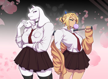 accessory anthro baseball_bat bat_(object) duo female hair_accessory hair_tie standing validating_void deltarune undertale_(series) carol_holiday toriel_(deltarune) bovid caprine deer goat mammal new_world_deer reindeer absurd_res hi_res