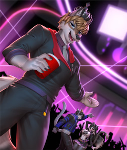 anthro black_body black_bottomwear black_clothing black_fur black_hair black_jeans black_pants black_suit blue_clothing blue_eyes blue_jacket blue_topwear bottomwear brown_hair clothing crown dancing denim denim_bottomwear denim_clothing female fur grey_body grey_fur hair headgear jacket jeans jim_morris lights male pants party suit topwear pak009 amanda_(smile4amanda) gojiro_(pak009) canid canine canis domestic_cat felid feline felis mammal russian_blue tuxedo_cat wolf hi_res
