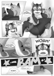 anthro blackmailz canid canine canis clothing comic dialogue domestic_dog english_text eye_contact felid fur gray_(blackmailz) greyscale hector_(blackmailz) hi_res looking_at_another male male/male mammal monochrome pantherine text tiger