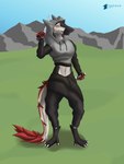 anthro bottomwear clothed clothing digitigrade female fingers fur holding_object hoodie knife looking_at_viewer mask outside red_body simple_background smile solo standing tail tail_tuft topwear tuft white_body white_fur conditional_dnp teremunart sheza sheza_soulscar sergal absurd_res hi_res