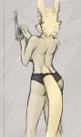 abstract_background anthro biped blonde_hair clothed clothing female fur furgonomics gun hair handgun holding_gun holding_object holding_ranged_weapon holding_weapon knee_pit ranged_weapon rear_view revolver solo standing tail tail_clothing topless weapon ritts frank_westerveldt kangaroo macropod mammal marsupial 2008