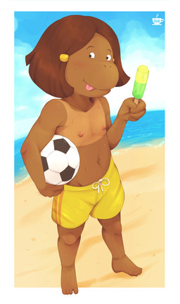 accessory anthro ball barefoot beach bodily_fluids casual_exposure clothed clothing feet female flat_chested food hair_accessory loli navel nipples outside pattern_clothing pattern_swimwear popsicle sea seaside soccer_ball solo striped_clothing striped_swimwear stripes suntan sweat swimming_trunks swimwear tan_line tomboy tongue tongue_out topless topless_female water yellow_clothing yellow_swimwear young young_anthro young_female bzeh arthur_(series) male_swimwear_challenge francine_frensky haplorhine mammal monkey primate 2021 absurd_res hi_res