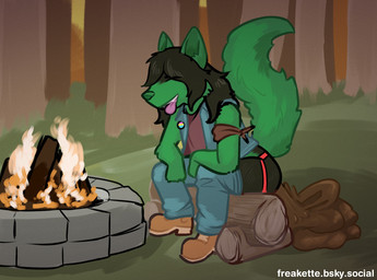 accessory ambiguous_anthro ambiguous_gender ambiguous_pooping anthro armband black_body black_eyebrows black_fur black_hair blue_bottomwear blue_clothing blue_jeans blue_pants blue_topwear blue_vest boots bottomwear bottomwear_down brown_armband brown_boots brown_clothing brown_footwear campfire clothed clothed_ambiguous clothed_anthro clothing denim denim_bottomwear denim_clothing denim_topwear denim_vest evening excessive_feces eyebrows eyes_closed feces fire fluffy fluffy_tail footwear forest fur grass green_body green_ears green_fur green_nose green_tail hair jeans jockstrap leaning leaning_forward lgbt_pride log long_hair multicolored_body multicolored_fur outside pansexual_pride_colors pants pants_down partially_clothed pin_accessory pin_button pink_tongue plant pooping pride_colors purple_clothing purple_shirt purple_topwear red_clothing red_jockstrap red_underwear shirt shoes shrub sitting snout solo tail teeth text tongue tongue_out topwear tree two_tone_body two_tone_fur underwear vest wood freakette canid canine mammal 2024 hi_res url