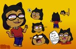 anthro barefoot bottomwear brown_body brown_fur butt cat_tail clothing eyewear feet fur gesture glasses hand_gesture male pants pupils slit_pupils solo speech_bubble text v_sign efradraws efrasona domestic_cat felid feline felis mammal absurd_res digital_media_(artwork) hi_res model_sheet