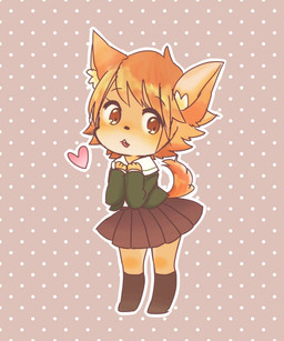 alternate_species anthro blouse bottomwear brown_eyes clothed clothing dotted_background eyebrow_through_hair eyebrows female footwear fully_clothed fur furrification hair heart_symbol inner_ear_fluff looking_at_viewer orange_body orange_fur orange_hair outline pattern_background short_hair simple_background skirt socks solo topwear translucent translucent_hair tuft white_outline unknown_artist danganronpa danganronpa:_trigger_happy_havoc spike_chunsoft chihiro_fujisaki canid canine fox mammal 5:6 digital_media_(artwork) source_request male_(lore)