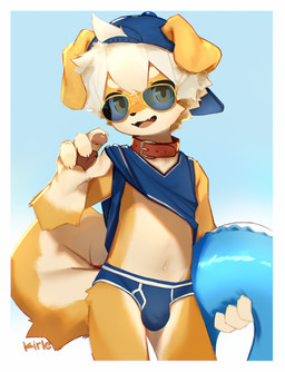 4_fingers anthro backwards_baseball_cap backwards_hat baseball_cap biped black_nose blue_background blue_briefs blue_clothing blue_hat blue_headwear blue_shirt blue_topwear blue_underwear border briefs brown_pawpads bulge cheek_tuft circle_eyebrows claws clothed clothed_anthro clothed_male clothing clothing_lift collar detailed_bulge eyebrows eyewear facial_tuft finger_claws fingers floppy_ears folded_ears fur furgonomic_hat furgonomic_headwear furgonomics gloves_(marking) gradient_background hair hat headgear headwear holding_object looking_at_viewer male male_anthro markings multicolored_body multicolored_briefs multicolored_clothing multicolored_fur multicolored_shirt multicolored_tail multicolored_topwear multicolored_underwear navel open_mouth orange_body orange_fur orange_tail pantsless pantsless_anthro pantsless_male pawpads pool_float red_clothing red_collar red_shirt red_topwear shirt shirt_lift simple_background solo standing sunglasses tail text tongue topwear tuft two_tone_body two_tone_briefs two_tone_clothing two_tone_fur two_tone_underwear underwear wearing_sunglasses white_background white_body white_border white_briefs white_clothing white_eyebrows white_fur white_hair white_shirt white_tail white_topwear white_underwear yellow_eyes young young_anthro young_male kirlecore canid canine canis domestic_dog mammal 2026 absurd_res artist_name digital_media_(artwork) hi_res