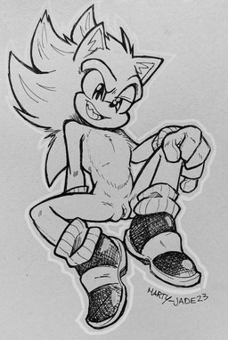 andromorph anthro clitoris clothed clothing eyebrows footwear genitals gloves hand_on_knee hand_on_leg handwear intersex looking_at_viewer mostly_nude open_mouth outline partially_clothed raised_eyebrow shoes sitting smile solo spread_legs spreading super_form teeth tongue vulva martyjade23 sega sonic_the_hedgehog_(series) sonic_the_hedgehog super_sonic eulipotyphlan hedgehog mammal monochrome shaded traditional_media_(artwork) watermark