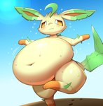 2_fingers 3_toes ambiguous_gender arm_markings belly big_belly black_nose blush bodily_fluids brown_markings eeveelution feet feral fingers footprint generation_4_pokemon green_ears green_tail hi_res huge_belly hyper hyper_belly leaf leaf_tail leafeon looking_down markings motion_lines multicolored_body multicolored_ears multicolored_tail navel nintendo obese on_one_leg orange_sclera outside overweight pokemon pokemon_(species) pupils ravinosuke1 sky small_nose solo standing sweat sweatdrop tail tan_body tan_ears thick_thighs toes white_pupils