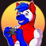 anthro blue_body blue_eyes blue_fur blue_hair claws controller fur game_controller gaming hair holding_controller holding_object male pawpads pecs playing_video_game red_body red_fur tongue white_body white_fur aktiloth canid canine canis mammal wolf 1:1 absurd_res hi_res icon