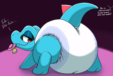 all_fours ambiguous_gender anthro big_diaper blue_body blue_tail butt clean_diaper clothed clothing dialogue diaper diaper_only half-closed_eyes looking_back narrowed_eyes object_in_mouth pacifier pacifier_in_mouth pink_pacifier pokemon_speak presenting presenting_hindquarters rear_view red_spikes simple_background smile snaggle_tooth solo spiked_tail spikes spikes_(anatomy) tail text tilde_after_text topless wearing_diaper poofypowderbutt nintendo pokemon generation_2_pokemon pokemon_(species) totodile absurd_res english_text full-length_portrait hi_res portrait